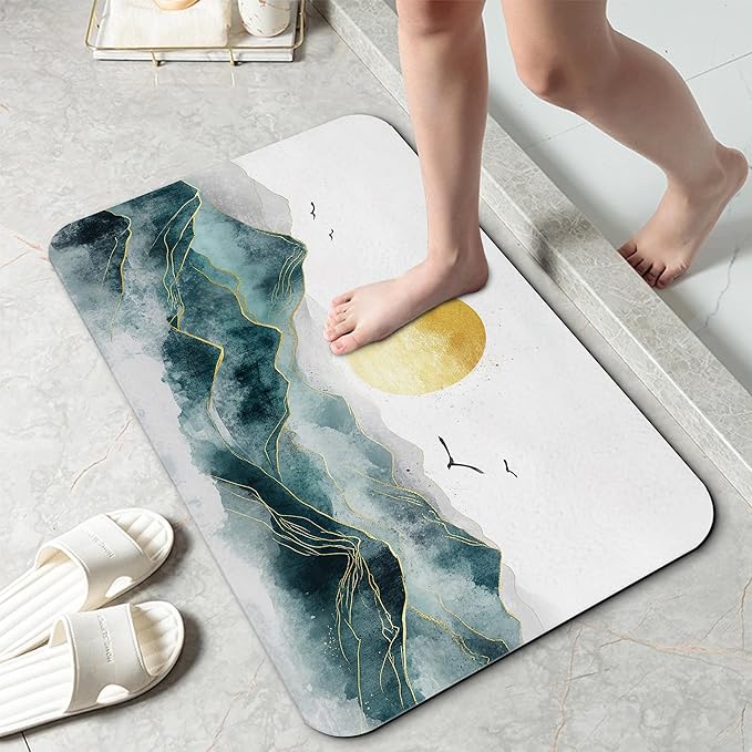 Mountain with Sun Fast Drying Absorbent Bathroom Mat, Non-Slip Rubber Backing Thin Low-Profile Bath Rug, Easy-Clean Bathroom Floor Mat for Shower, Bathtub, Kitchen, or Entryway