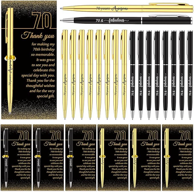 25 Sets 70th Birthday Themed Party Favors for Guests Including Birthday Ballpoint Pens and Black Gold Thank You Cards for Guests New Year Anniversary Appreciation Gifts