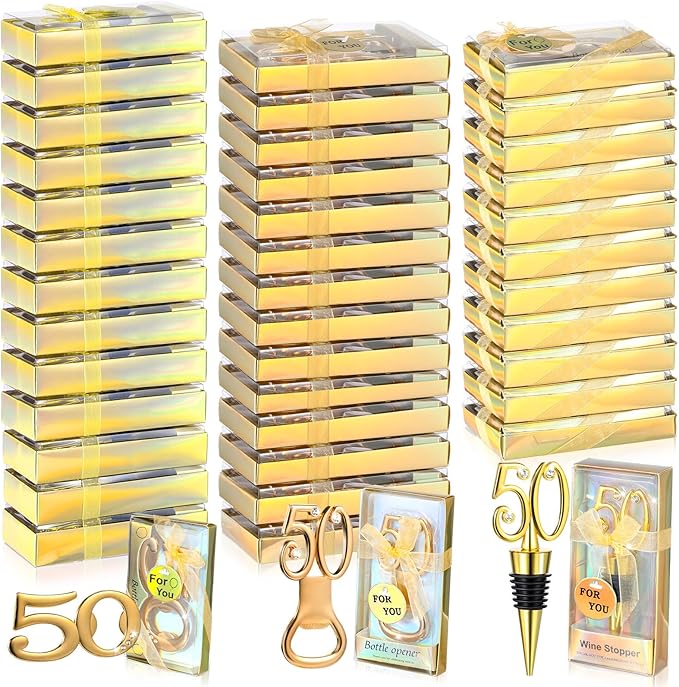 Hushee 30 Pcs 50th Birthday Party Favors for Guests Birthday Bottle Opener Golden Wine Stoppers with Rhinestones for Adults Women Wedding Party Anniversary Souvenirs Keepsakes