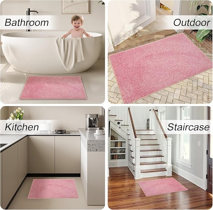 HDFK Bathroom Rugs | Non Slip Washable Bath Mats 2 Tone 30x20 Inches Plush Chenille Medium Pile Floor Mat | High Absorbency Pink and White | Modern Shower Rug for Home Decor