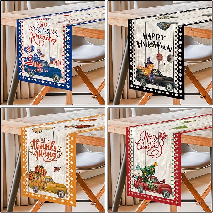 8 Pcs Truck Holiday Table Runner 72 Inches Long, Plaid Valentines Day St Patricks Day Mardi Gras Easter 4th of July Halloween Thanksgiving Day Christmas Burlap Table Decor for Home Party
