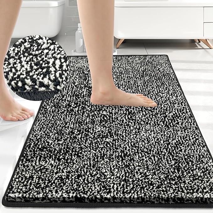 HDFK Bathroom Rugs | Non Slip Washable Bath Mats 30x20 Inches 2 Tone Chenille Medium Pile TPR Backing Floor Mat | Quick Dry Water Absorbent Black and White | Shower Rug for Vanity Area & Decor