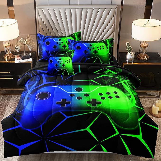 6 Pcs Full Bedding Set for Boys, Green-Blue Full Size Bed in A Bag Gamer Boys Comforter Set for Teens