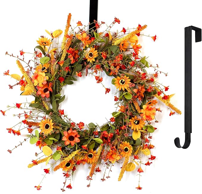 22" Fall Wreath for Front Door with Hanger Artificial Flowers Autumn Decor Berries Sunflowers Daisy Thanksgiving Decorations, Farmhouse Indoor/Outdoor