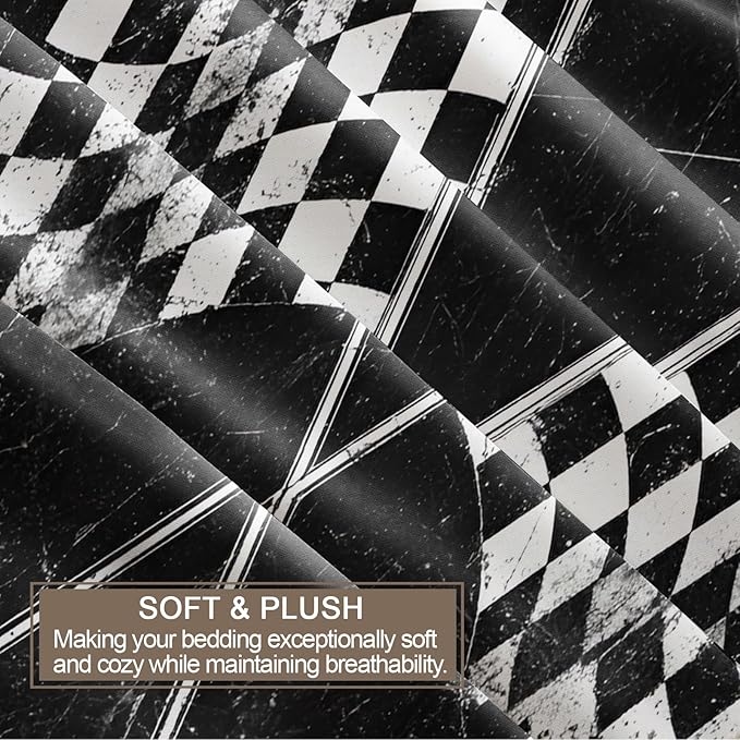 Racing Flag Bedding Set Twin Size Vintage Racing Checkered Flag Duvet Cover Retro Race Track Comforter Cover Race-Themed Teen Comforter Set with Zipper Ties for Bedroom
