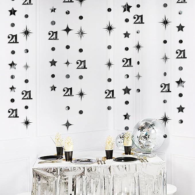 Black Number 21 Circle Dot Twinkle Star Garland Metallic Hanging Streamer Bunting Banner Backdrop Decoration for Girls Boys 21st Birthday Finally Legal Twenty One Anniversary Wedding Party Supplies