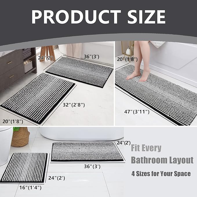 HDFK Bath Mat & Bathroom Rug - Extra Large Chenille Shower Carpet, Quick-Dry Non-Slip with Hot Melt Adhesive Base, Machine Washable Medium-Height Striped for Bathtub Floor (32x20 Inch, Black & White)