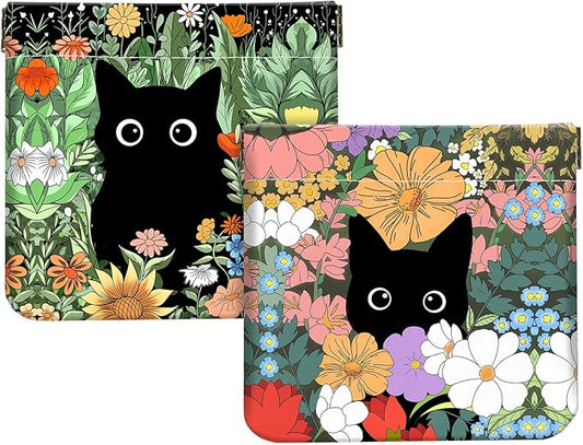 2Pcs PU Leather Small Squeeze Coin Purse Pouch Mini coin Bag Unique And Cute Wallet Cosmetic Bags Change Bag For Women Girls Men Flower And Cat