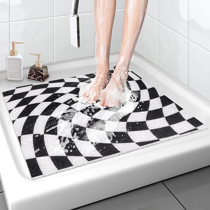Square Shower Mat Non-Slip 24x 24 Inch, Soft Comfort Bath Mat with Drainage Holes, PVC Loofah Massage Bathmat for Shower,Tub,Bathroom,Wet Areas, Quick Drying