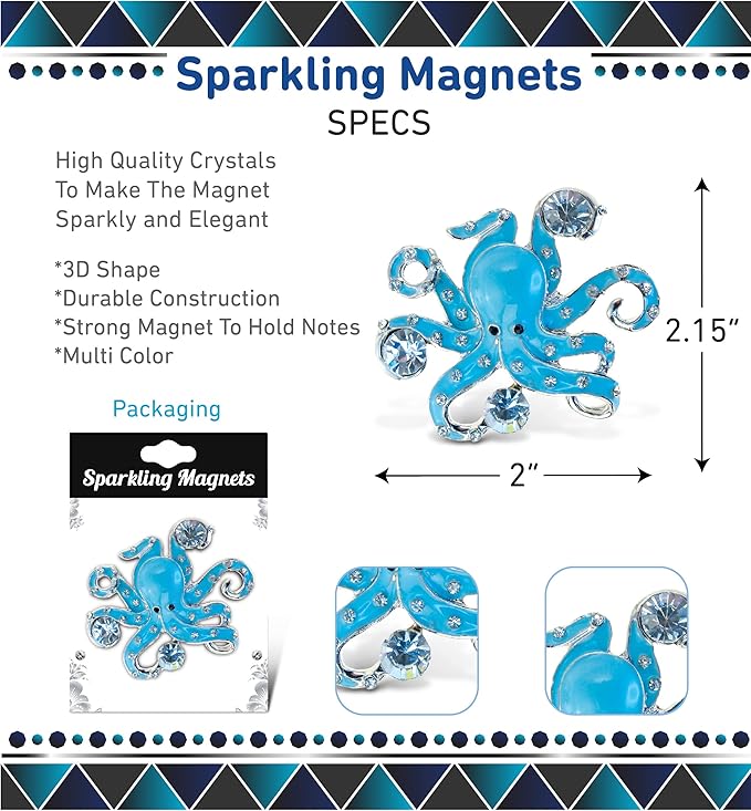 CoTa Global Octopus Sparkling Fridge Magnet - Blue & Silver Rhinestone Decor, Ocean Decor Cute Magnets for Whiteboard, Locker Accessories & Office - 2 Inches