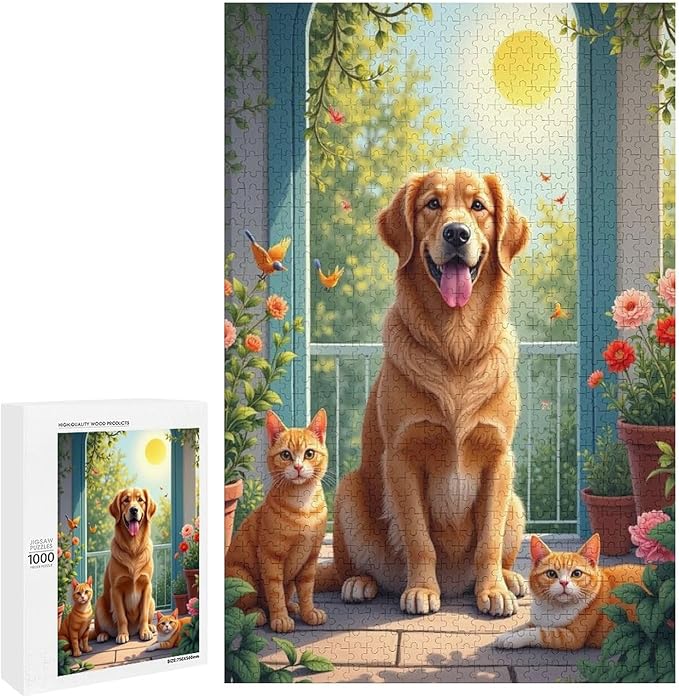 Puzzles for Adults 1000 Pieces Wooden Jigsaw Puzzle - Garden Golden Retriever Theme Puzzle，Party Games，Family Toys，Educational Puzzles，Stress Relief Wooden Puzzle，Gifts for Family and Friends