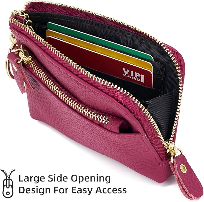 Genuine Leather Coin Purse for Women with Large Opening & Wrist Strap Navy (Rose)