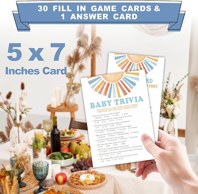 Sunshine Baby Trivia Shower Game Kit - Retro Here Comes The Sun - 30 Fill In Game Cards & 1 Answer Card For Baby Shower, Gender Reveal Party Favor, Activity & Supplies - D07
