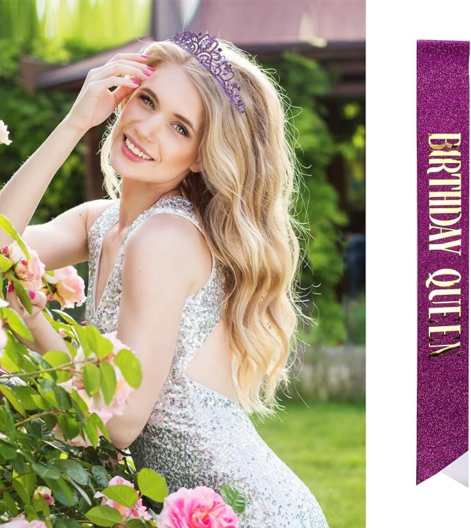 Velscrun Happy Birthday Queen Violets Tiara Crowns for Women, Birthday Girl Sash, Party Favors & Decorations