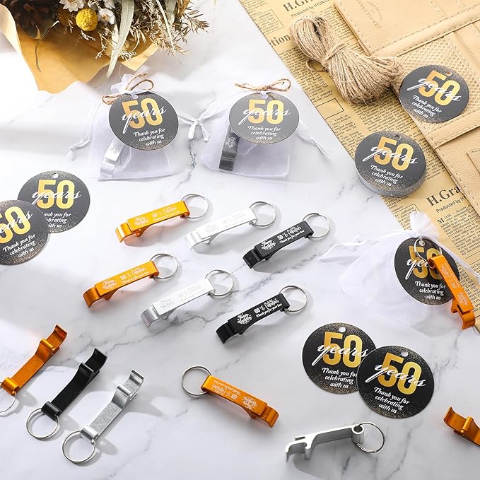 Dandat 54 Sets 50th Birthday Party Favors for Guests Birthday Beer Opener Keychain Cheers to 50 Bottle Opener Keychain with Thank You Cards and Gift Bags for Anniversary Wedding Party Favors
