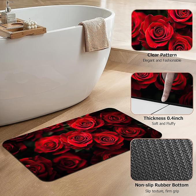 Non Slip Bath Mat,Red Roses Bathroom Decor,Floral Diatomaceous Bath Mat Quick Dry Absorbent Bathroom Rugs-Shower Rug for Kitchen Laundry Bathtub Shower 17"x29.5"