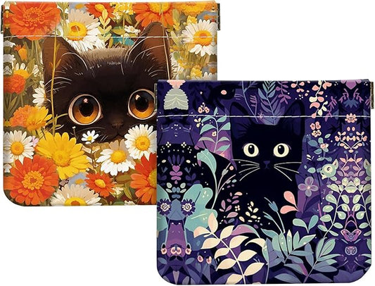 2Pcs PU Leather Small Squeeze Coin Purse Pouch Mini coin Bag Unique And Cute Wallet Cosmetic Bags Change Bag For Women Girls Men （Flowers and Cats 3
