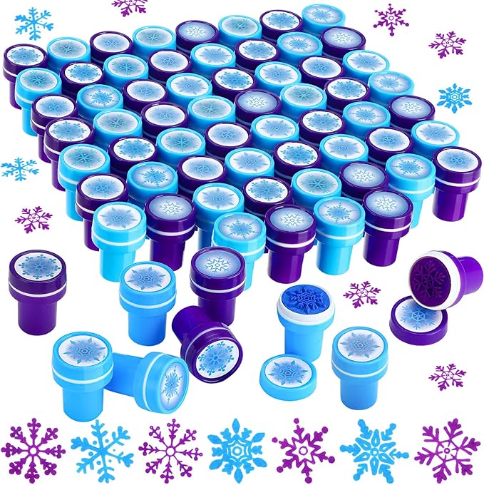 Skylety 60 Pieces Winter Snowflake Stamps for Kids Self Ink Assorted Plastic Snowflake Hand Stampers for Card Making Holiday Winter Wonderland Birthday Party Decorations Supplies(Blue, Purple)