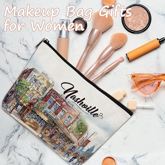 Nashville Travel Gifts Makeup Bag, Watercolor Nashville City Cosmetic Bag, Travel Essentials Souvenir Gifts for Nashville Lovers Travellers Women Girls Birthday Bachelorette Party Favors