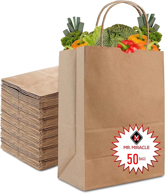 57 Lb Large Kraft Paper Grocery Bags with Handles - 50 Count 12 x 17 x 7 - Durable, Reusable & Eco-Friendly Shopping Bags, Brown Kraft Take-Out Bags for Retail, To-Go, Any Occasion (50, With Handles)