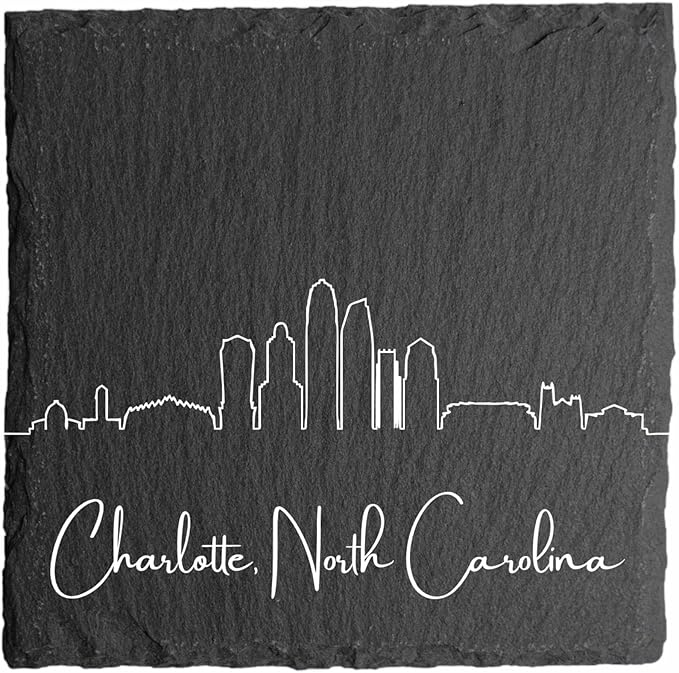 Blue Ridge Mountain Gifts - Charlotte NC Skyline Coasters, Set of 4 - Charlotte North Carolina Souvenir, Slate Coasters with Minimalist Skyline, Housewarming Gift for Friends, Family, & Neighbors
