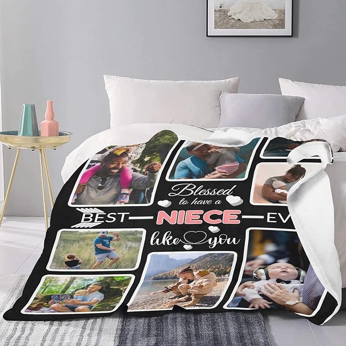 Custom Blanket Gifts for Niece, Customized Blankets with Photos, Make a Personalized Bed Throws to My Niece, Custom Souvenir Throw Blanket for Best Niece Ever, 8 Collages Made in USA