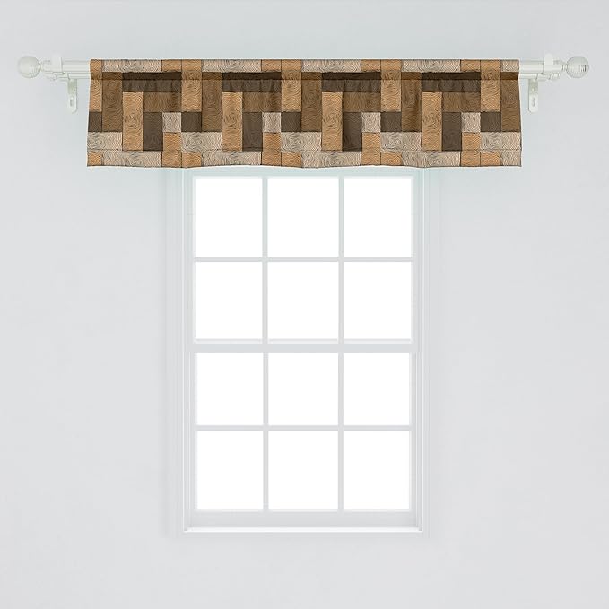 Ambesonne Chocolate Window Valance Pack of 2, Parquet Pattern in Wooden Style Geometric Design in Nature Inspired Art, Rod Pocket Curtain Valances for Kitchen Bedroom, 54" X 12", Beige Brown
