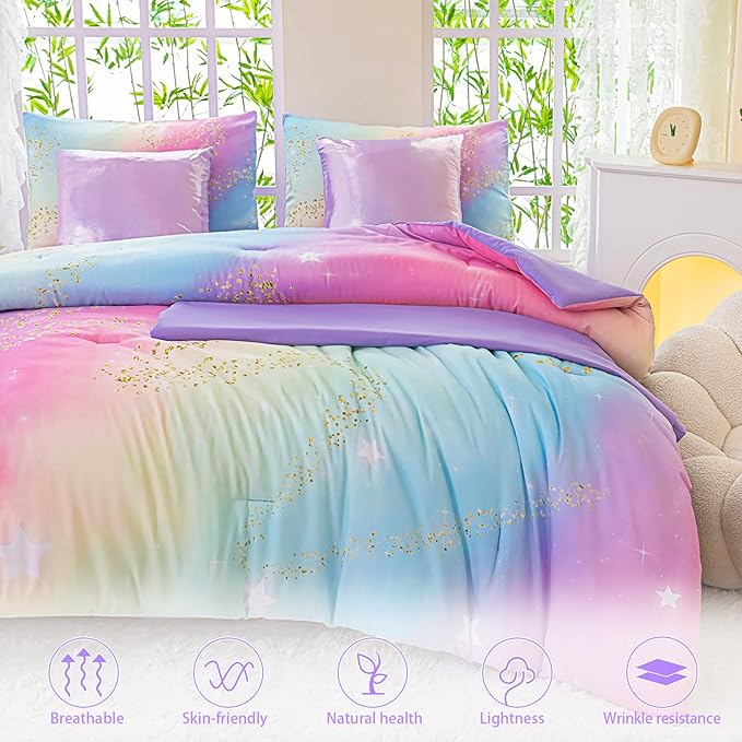 Rainbow Bedding Set Full Size – 7 Piece Reversible Girls Comforter with Deep-Pocket Sheet, Gradient Galaxy Design, Whole-Piece Filling, Machine Washable Bed-in-a-Bag for Kids Room Makeover & Gifts