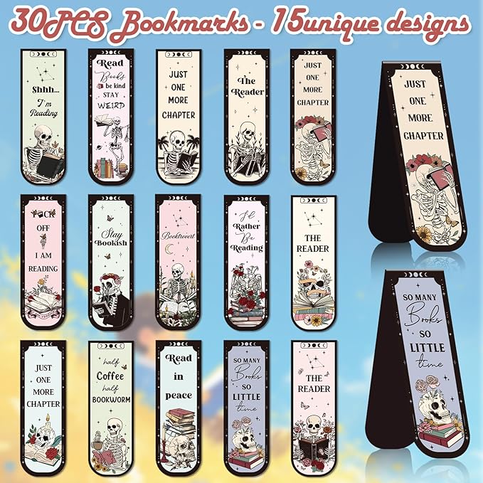 Skeleton Reading Bookmark Magnetic Gift - Wxiben 30 Pcs Gothic Skull Bookmarks Magnetic Floral Skeleton Book Marks Page Magnets Marker Clip for Women Men Students Teacher Book Lovers Bookish