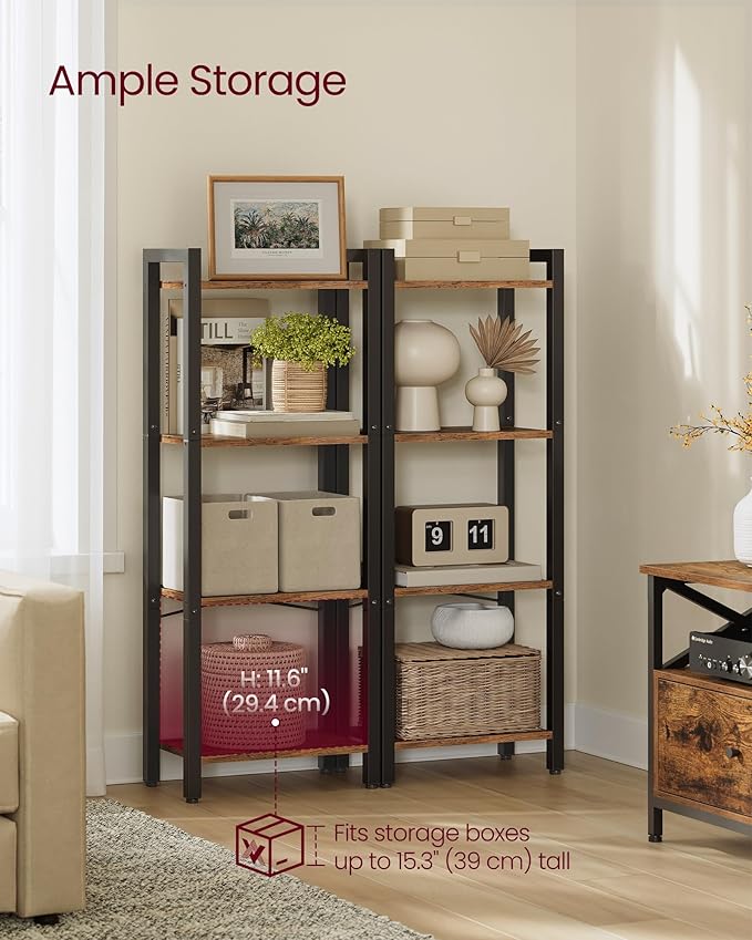 VASAGLE 4-Tier Bookshelf, Bookcase with Steel Frame, Book Shelf for Living Room, Home Office, Study, 9.4 x 15.7 x 42 Inches, Industrial Style, Rustic Brown and Ink Black ULLS099B01