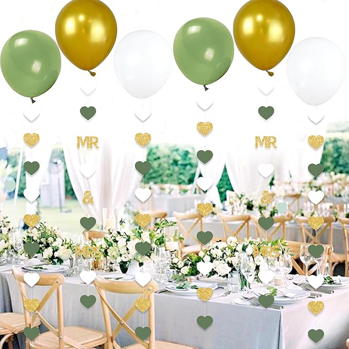 Sage Green Wedding Party Decorations Gold/Green/White Heart Mr and Mrs Garland with Balloons for Bridal Shower Engagement Bachelorette Party