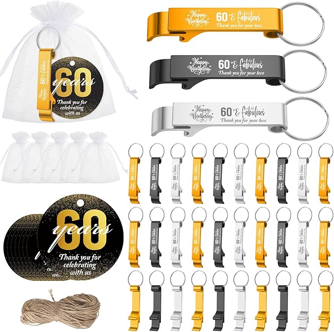 Dandat 54 Sets 60th Birthday Party Favors for Guests Birthday Beer Opener Keychain Cheers to 60 Bottle Opener Keychain with Thank You Cards and Gift Bags for Anniversary Wedding Party Favors