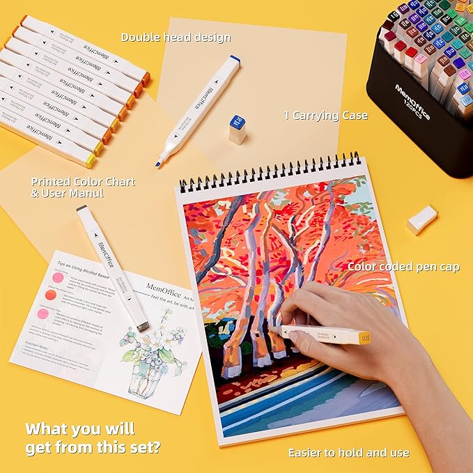 MemOffice 60 Colors Dual Tip Artist Alcohol Markers Set with Carrying Case - Perfect for Coloring, Drawing, Sketching, Card Making and Illustration - Perfect for Adults