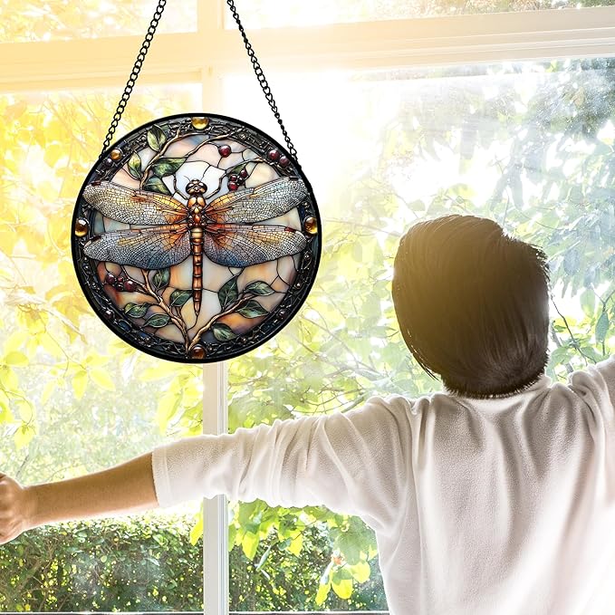 Stained Glass Window Hanging - Dragonfly Plant Suncatcher Ready to Hang Window Doors Home Decoration, Christmas, Mother's Day Birthday Gifts for Women, Men, and Mom 9.8x9.8 in