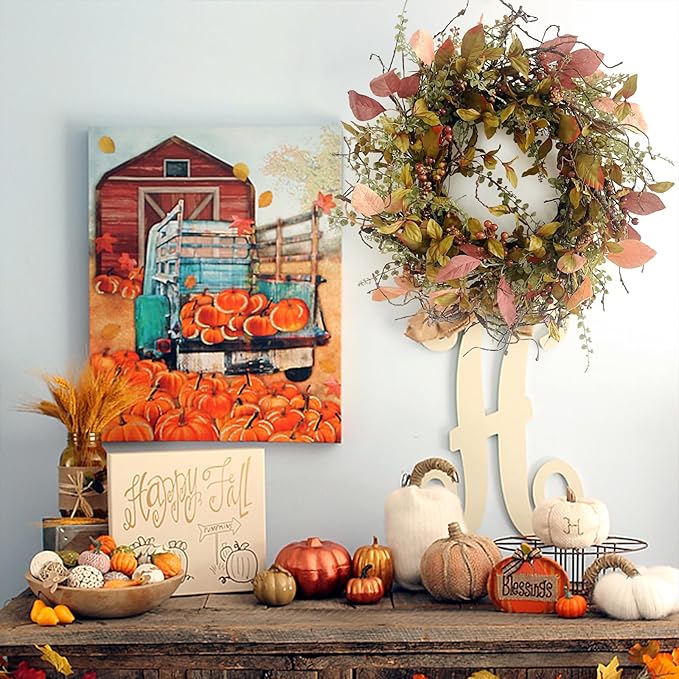 26 Inch Fall Wreaths for Front Door Burgundy Berry Wreath with Leave, Large Autumn Wreath Decor on Grapevine for Farmhouse Front Door Wall Window Home Decoration and Christmas Thanksgiving Celebration