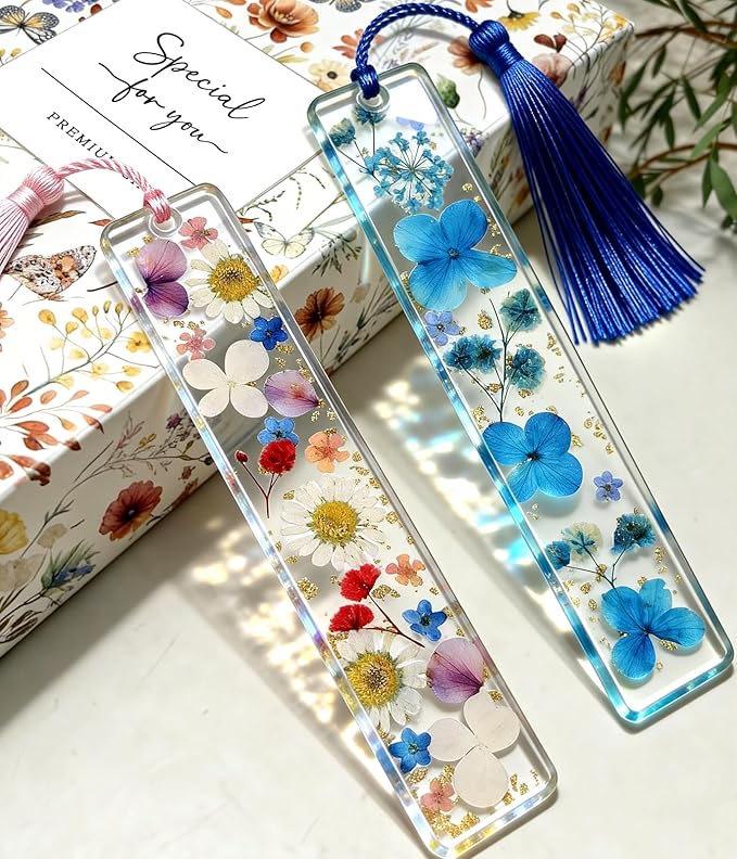 Buleens 2PCS Bookmarks for Women - Blue Book Marks for Readers Book Lovers, Personalized Handmade Dried Flower Resin Bookmark with Tassels, Pretty and Aesthetic