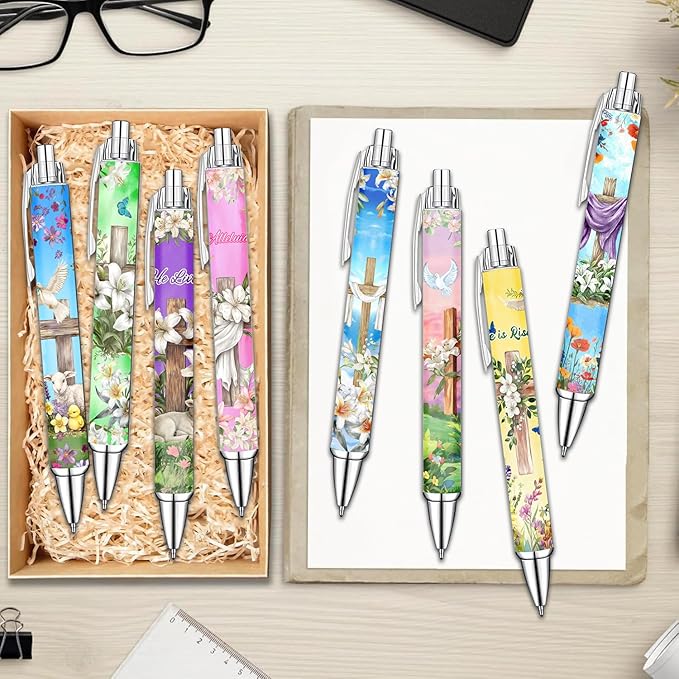 He Is Risen Religious Ballpoint Pens Set – Easter Cross Faith-Inspired Writing Pens with Encouraging Bible Messages – Smooth Black Ink Pens for Church Services, Ministry Outreach, Easter Gifts, 8 Pack