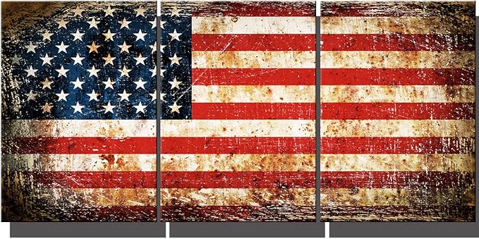Canvas Wall Art Grunge USA Flag Pictures for Living Room White Red Striped Paintings Patriotism Retro Artwork Giclee Contemporary Home Decor Wooden Framed Ready to Hang Posters and Prints(48''Wx24''H)