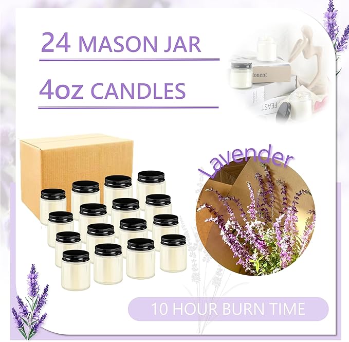 ACITHGL 24 Pcs 4oz Mini Mason Jar Candles Small Lavender Scented Candles Bulk Aromatherapy Ideal Souvenir Favors for Wedding Birthday Party (Black, 24)