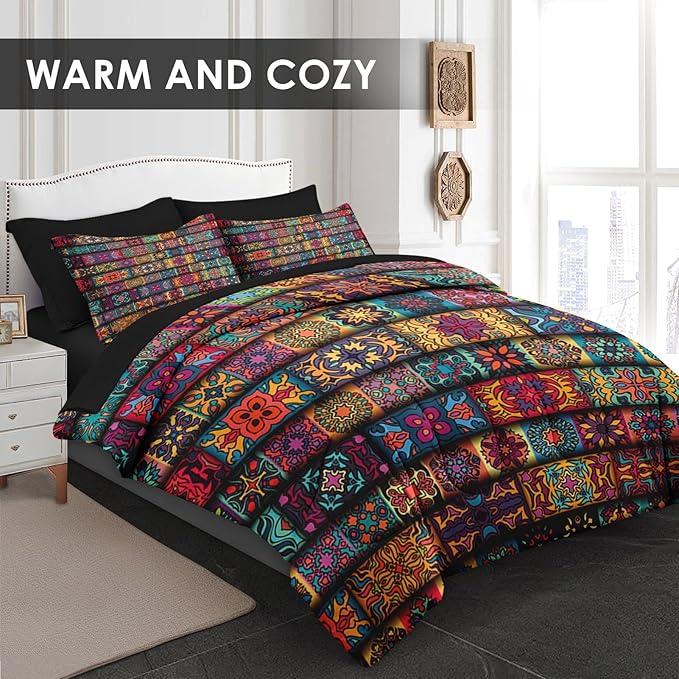 Comforter Set Queen Size, Colorful Vintage Floral 7 Pcs Bedding for Kids and Adults, Mandala Bohemian Bed Sheet Sets with Fitted Sheet 2 Pillowcases & 2 Shams for Bedroom Bed Decor