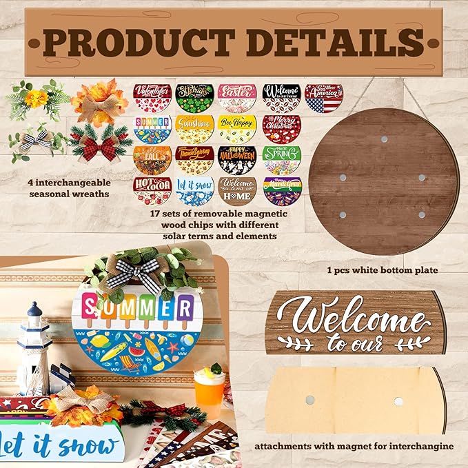 Vicenpal Interchangeable Welcome Sign for Front Door with 17 Magnetic Icons, Wooden Seasonal Front Porch Door Decor with 4 Seasonal Wreaths and 17 Changeable Icons for Holiday Party (Brown)