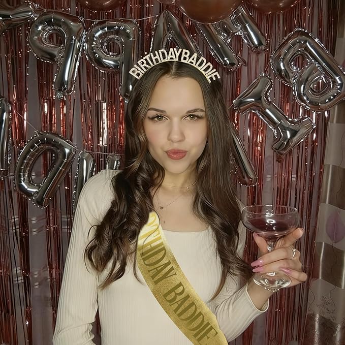 Canitor Birthday Baddie Sash Crown Set Birthday Gifts Party Favors Supplies Decorations & Accessories for Women Girl Adult Outfits Rhinestone Tiara Headband Soft Satin Sash