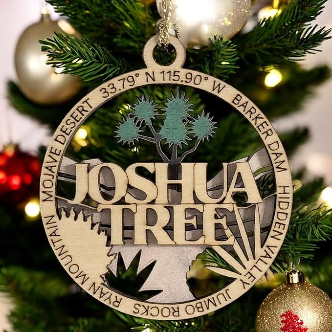 Joshua Tree National Park 3" Christmas Ornament - Laser Cut Wood, 2-Layer Design Featuring Mojave Desert Landscape, USA-Made