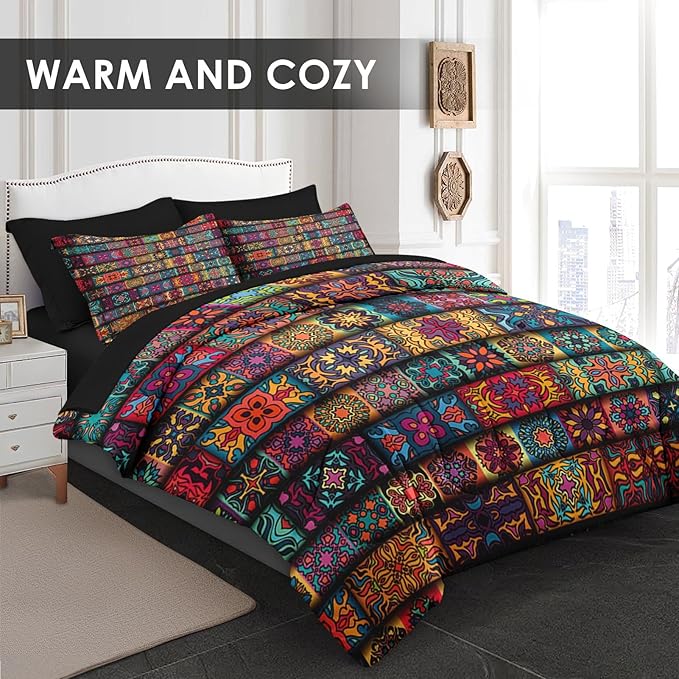 5 Pcs Comforter Set Twin Size, Colorful Mandala Floral Vintage Bedding for Kids and Adults, Bohemian Flower Bed Sheet Sets with Fitted Sheet Pillowcase & Sham for Bedroom Bed Decor