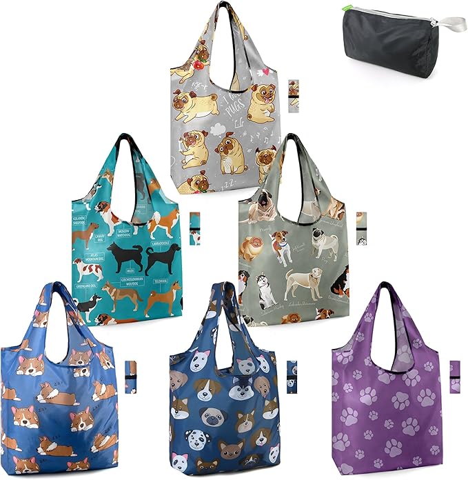 BeeGreen Dog Lover Gifts for Women Animals Reusable Grocery Bags Shopping Bags Bulk 6 Pack 50LBS X-Large Foldable-Machine Washable Shepherd Collie Bulldog Dog Paws Pet Bags