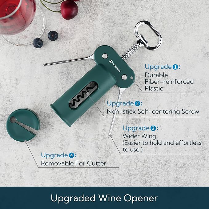 KITCHENDAO 3 in 1 Wing Corkscrew Wine Bottle Opener with Foil Cutter, Built-in Beer Bottle Opener, Multifunctional Wine Opener with Non-Stick Sharp Screw, Easy to Use, Manual Wine Corkscrew, Green