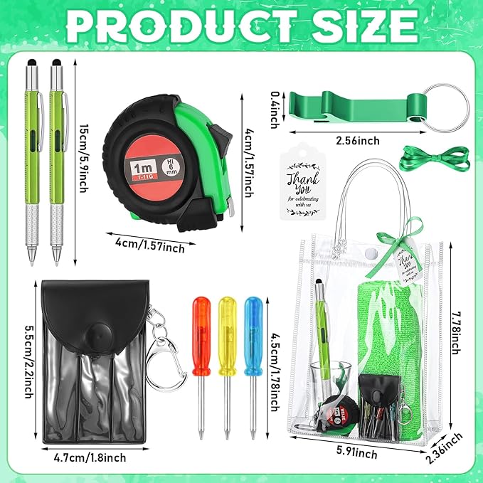 Leinuosen 6 Set Baby Shower Prizes for Men with Cleaning Cloth Bottle Opener Screwdriver Tape Measuring Keychain Multi Tool Pen Gift Bag Baby Shower Game Prizes for Winner(Green,Classic Style)