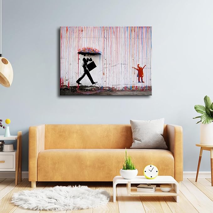 Wieco Art Large Banksy Raining Day or Colorful Graffiti Street Famous Canvas Prints Wall Art Modern Inspirational Grey Love Pictures Print Artwork for Kitchen Home Office Decor