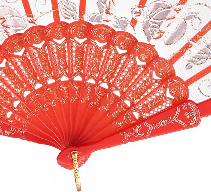 QIRMIZI 30pcs Silk Folding Hand Fans,Silk Fans,Red Rose Fans,Perfect for Weddings, Parties, and Dancing,Red