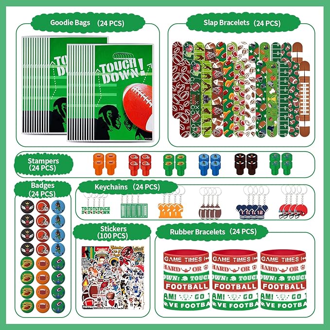 Football Party Favors 244 Pcs Football Birthday Party Decorations With Goodie Bags Wristbands Stickers Keychains Stamps Slap Bracelets Badges for Football Party Supplies (Football)